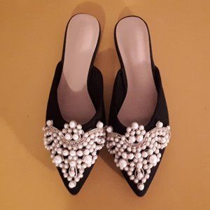 Flat Black Slip-on Shoes with embroidered faux pearls